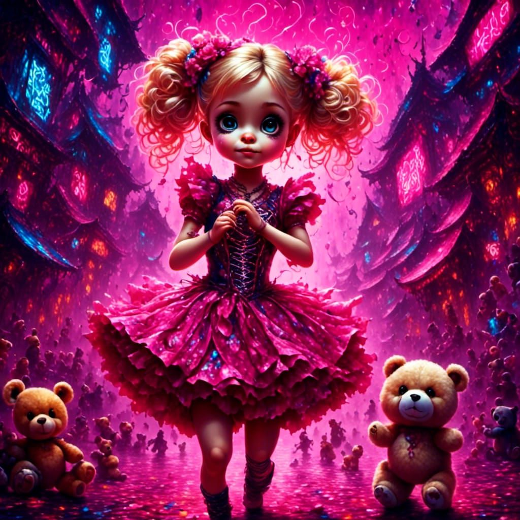 Young Woman Dancing with Teddy Bear in Graffiti Art Style