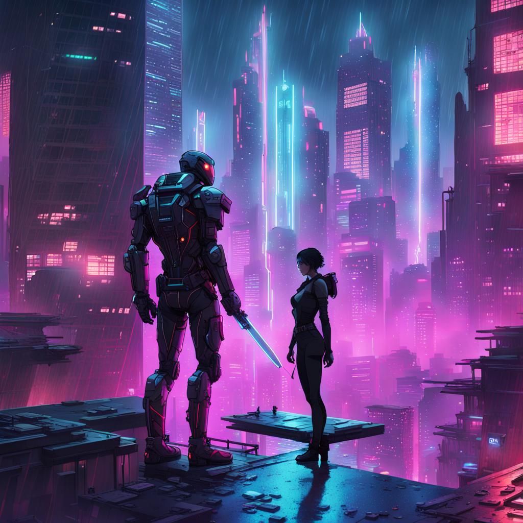 Cyberpunk Exosuit Warrior in Neon Cityscape