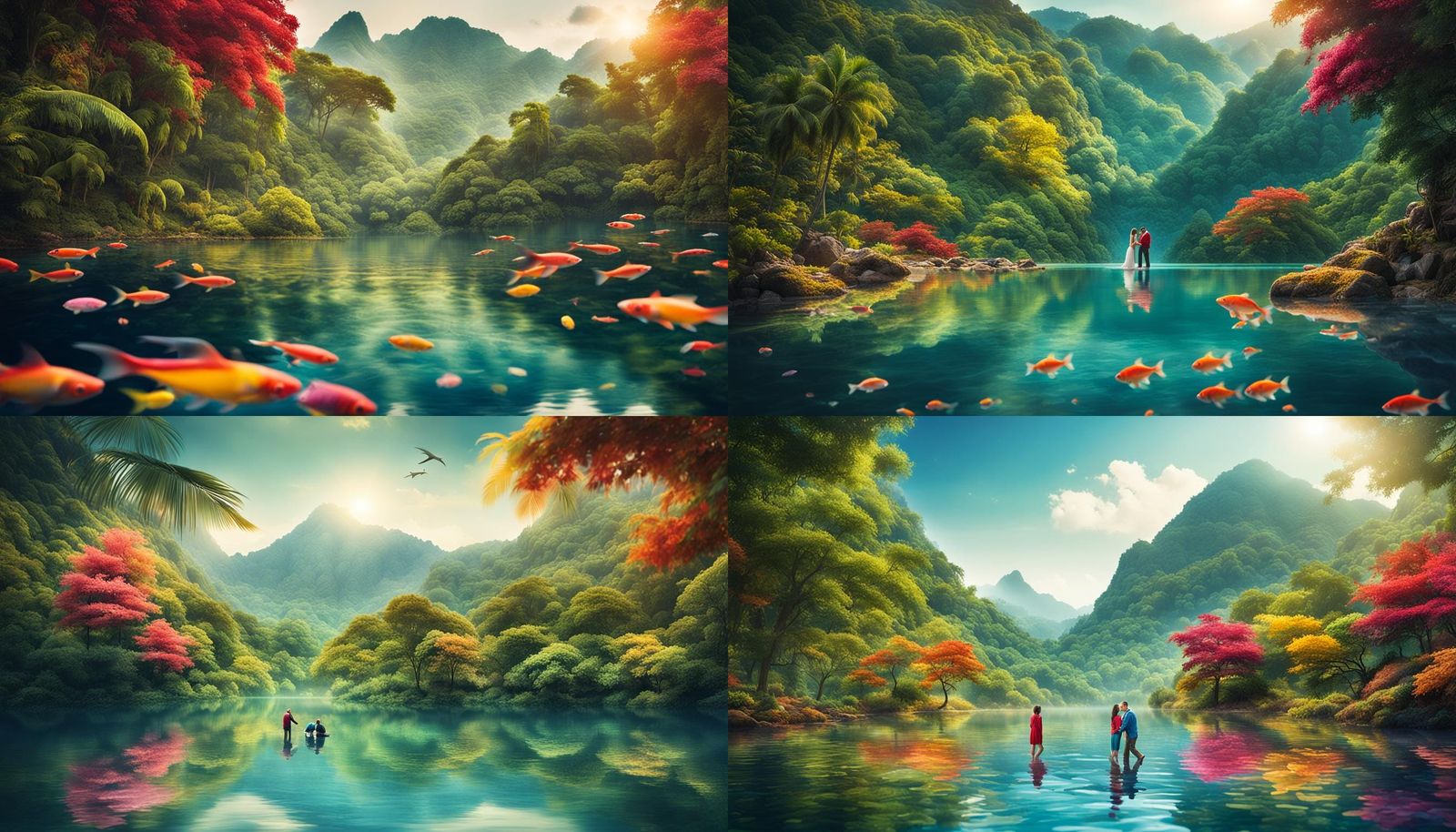 Tropical forest, calm river,clear water,colourful fish,leave...