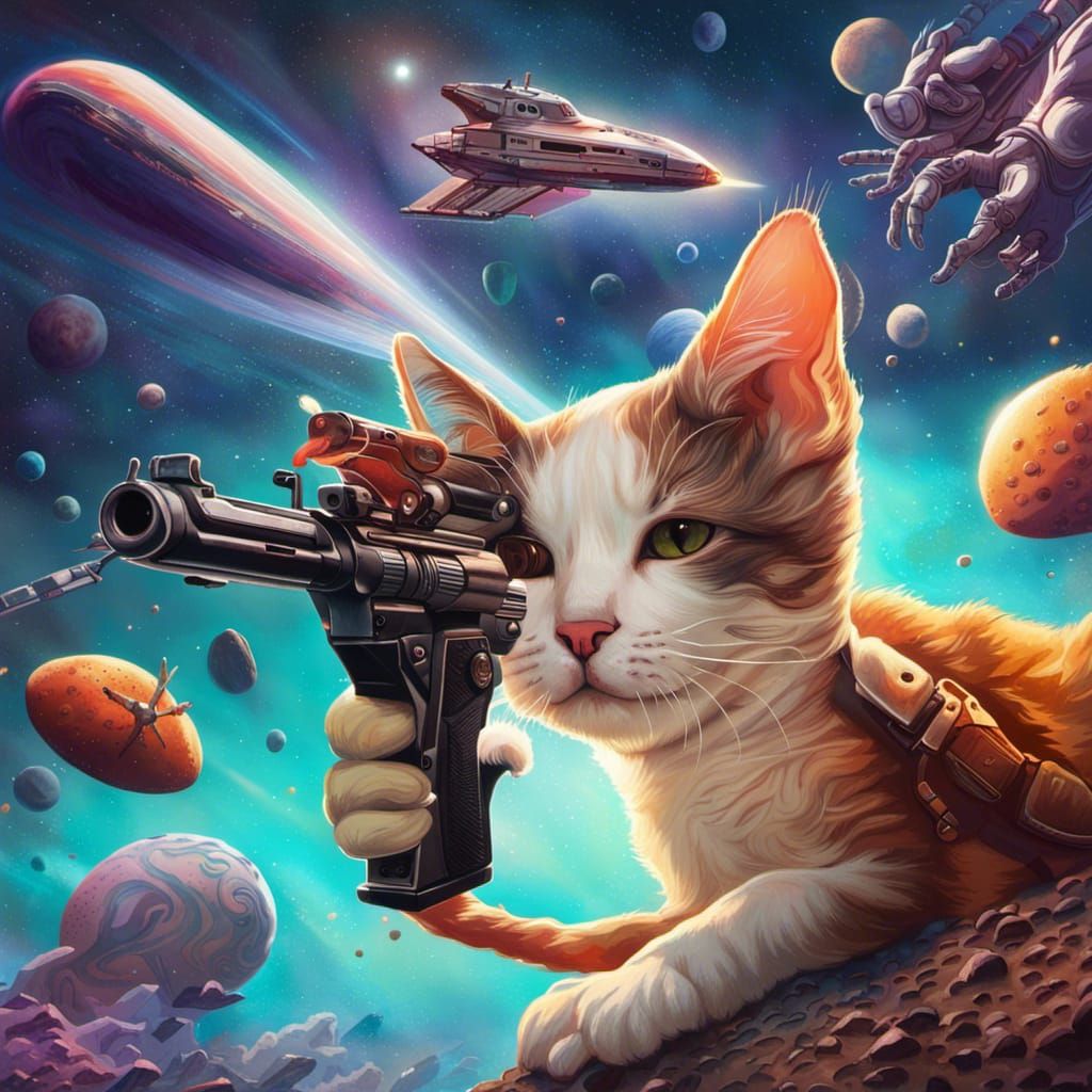 Cat in Shuttle Shooting Dog Near Planet Xuarlandia