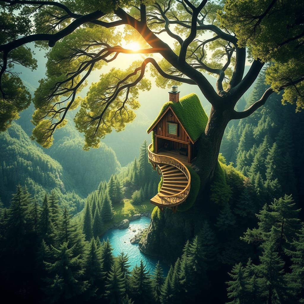 Steampunk Treehouse Hidden in Forest, Top View