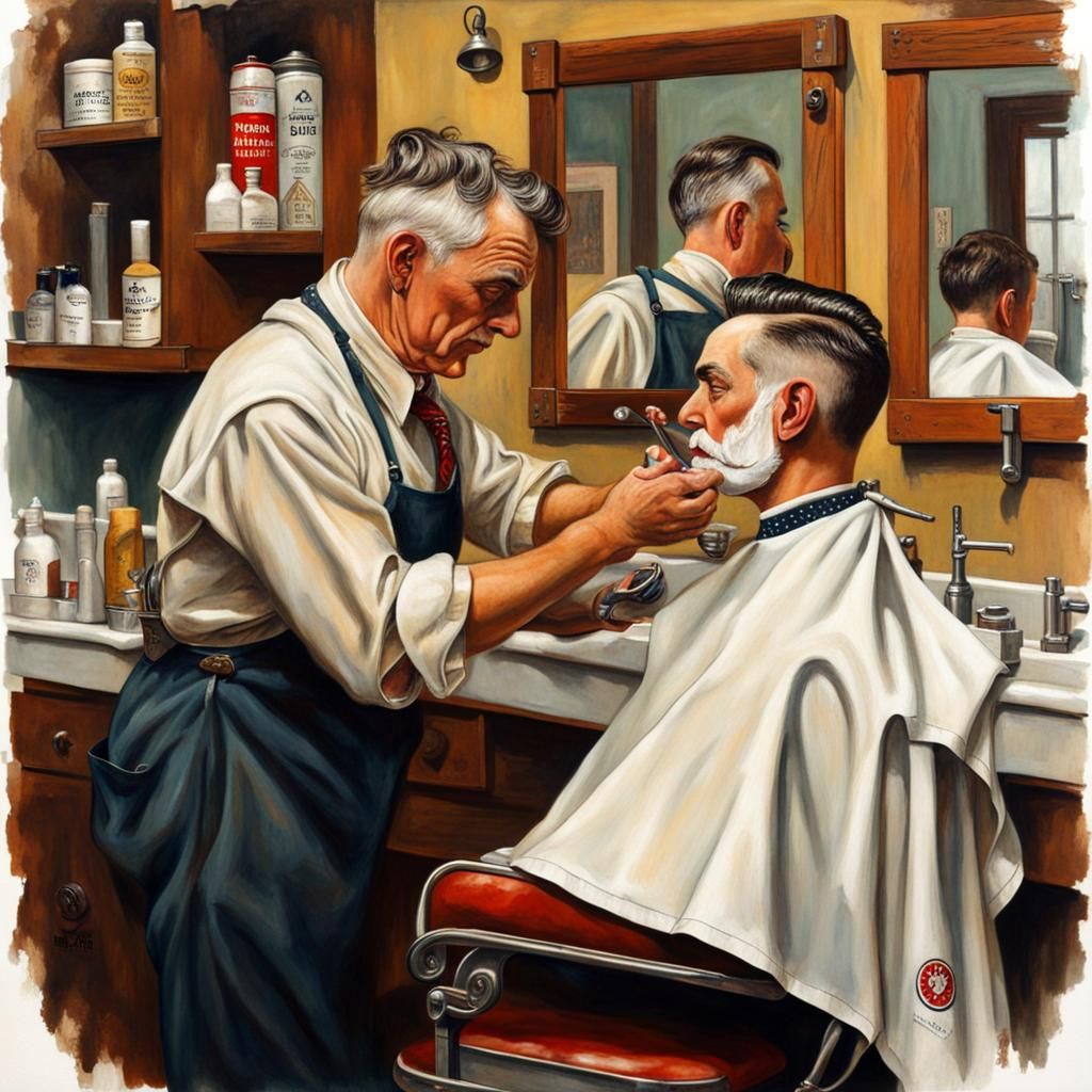 1920s Barber Shop Scene in Rockwell Style