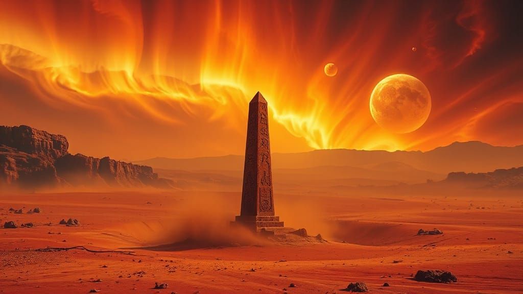 Martian Obelisk Under Aurora in Surrealist Style