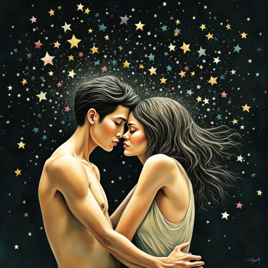 Cosmic Couple in Tender Embrace, Dissolving into Stardust