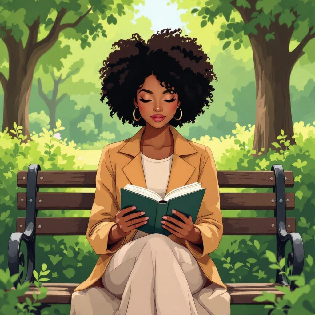 Black Woman Reading in Park, Flat Color Digital Art