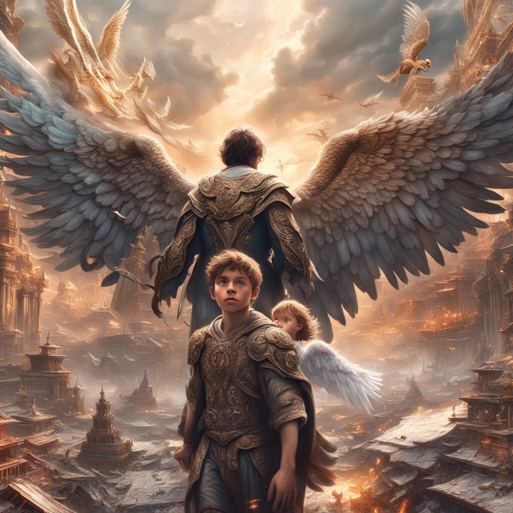 Boy and Angel in Chaotic World: Digital Matte Painting