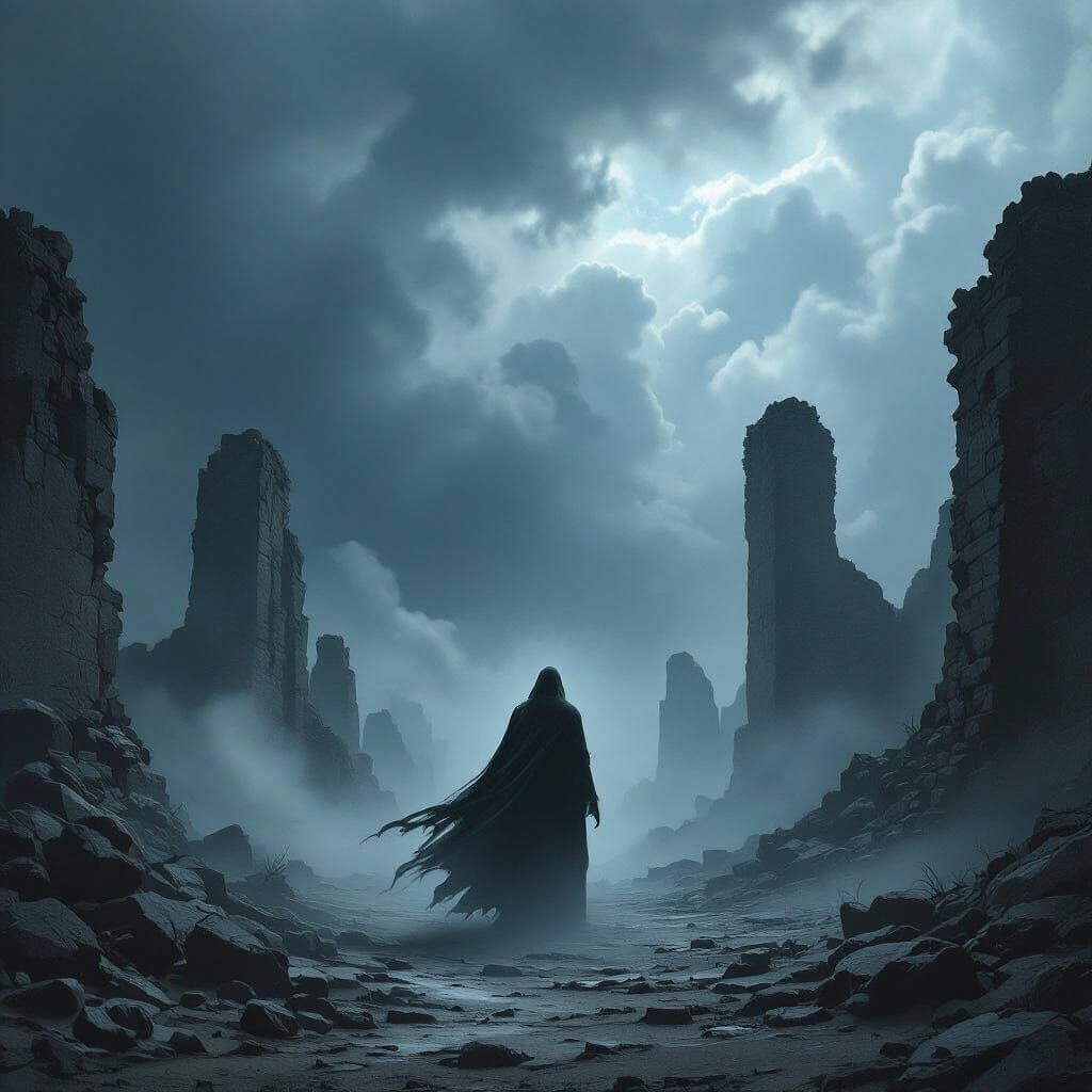 Ethereal Specter in Ancient Ruin Under Stormy Sky