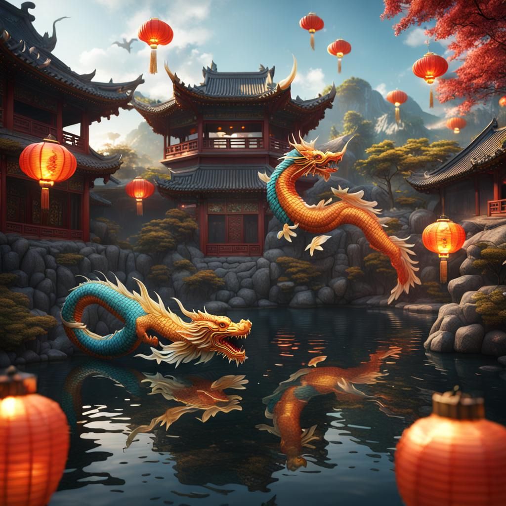 Chinese Dragon Over Koi Pond with Lanterns