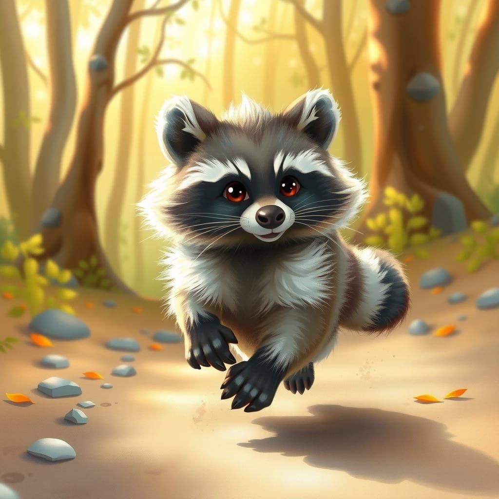 Whimsical Raccoon Gallops in Sunlit Forest