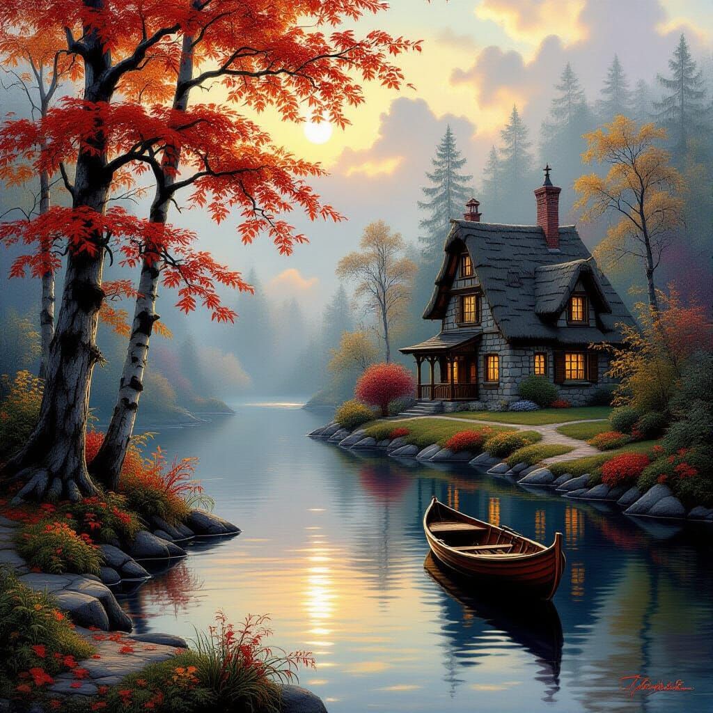 Ethereal Autumn Landscape in Thomas Kinkade Style