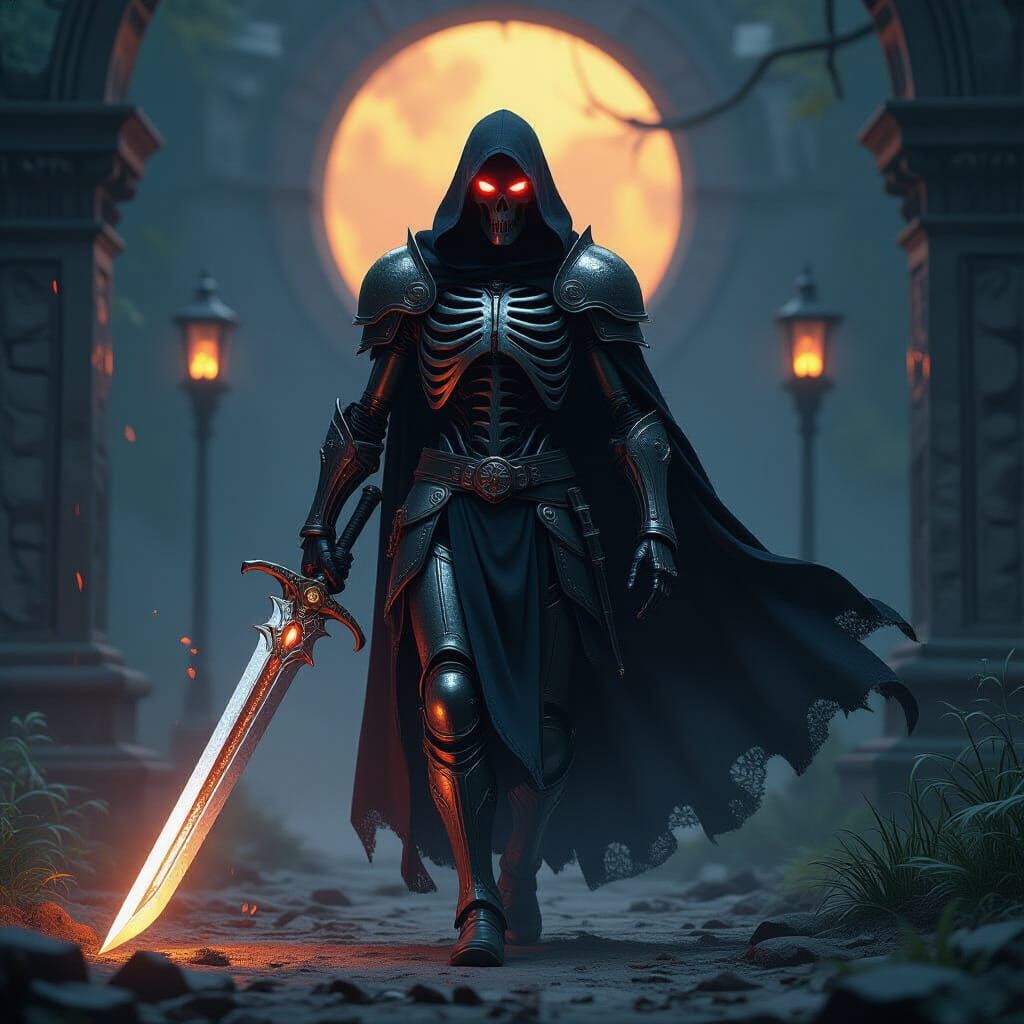 Ominous Metallic Skeleton Warrior with Glowing Eyes