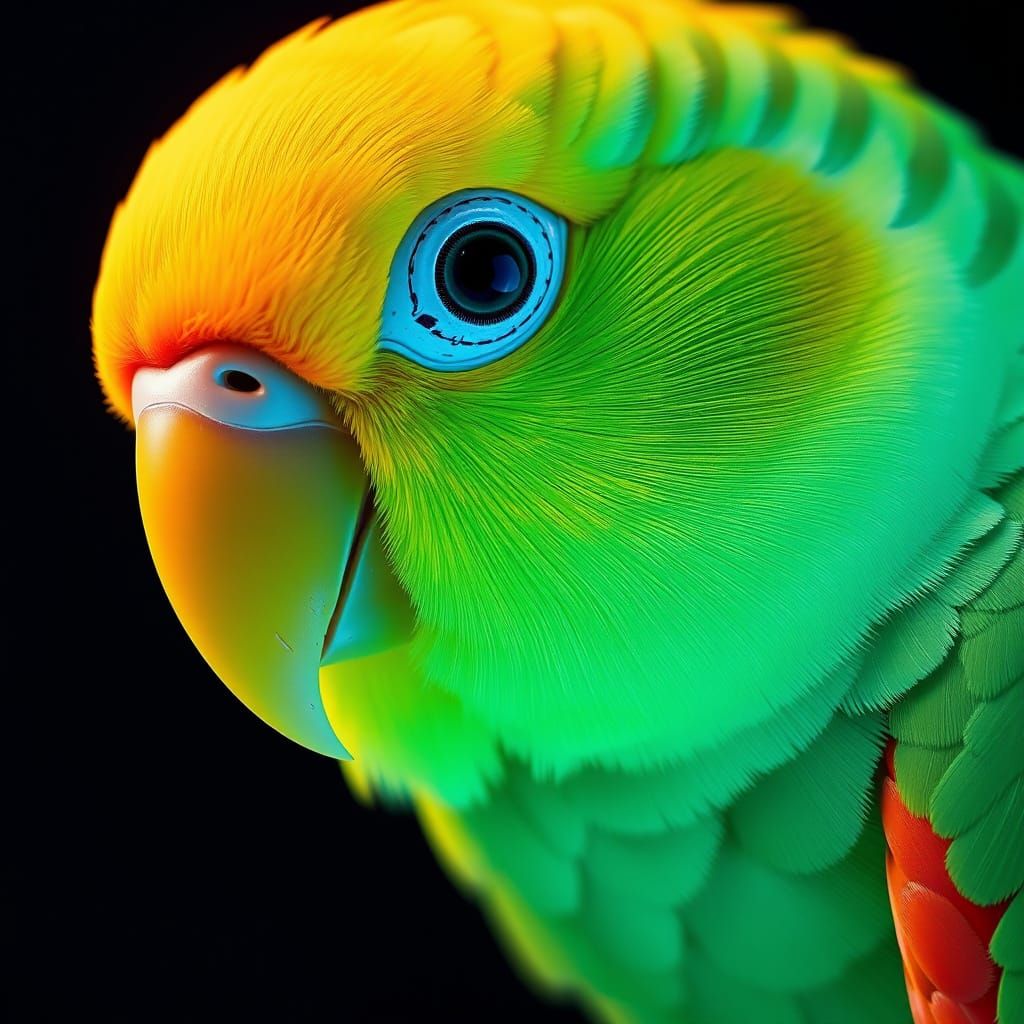 vaporwave: worm eye view extreme Macro close up by Tamron 99mm f/56, of a silky sequin sheeny gothic parakeet in the sty...