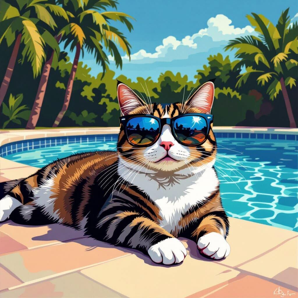 Cat in Sunglasses: Modern Pop Art Poolside