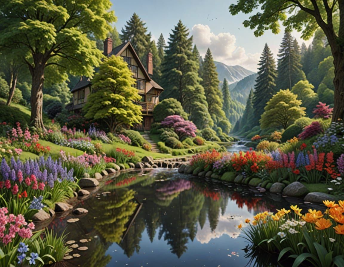 Scenic Forest Overlook with Flowers and Stream, Matte Painti...