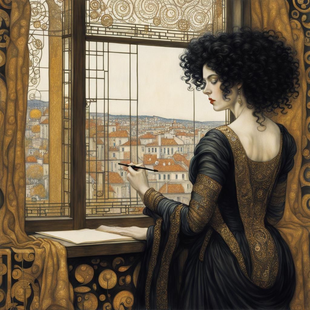 Woman at Window in Gustav Klimt Style