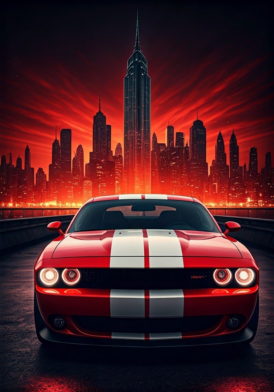 Red Muscle Car in Mystical Cityscape