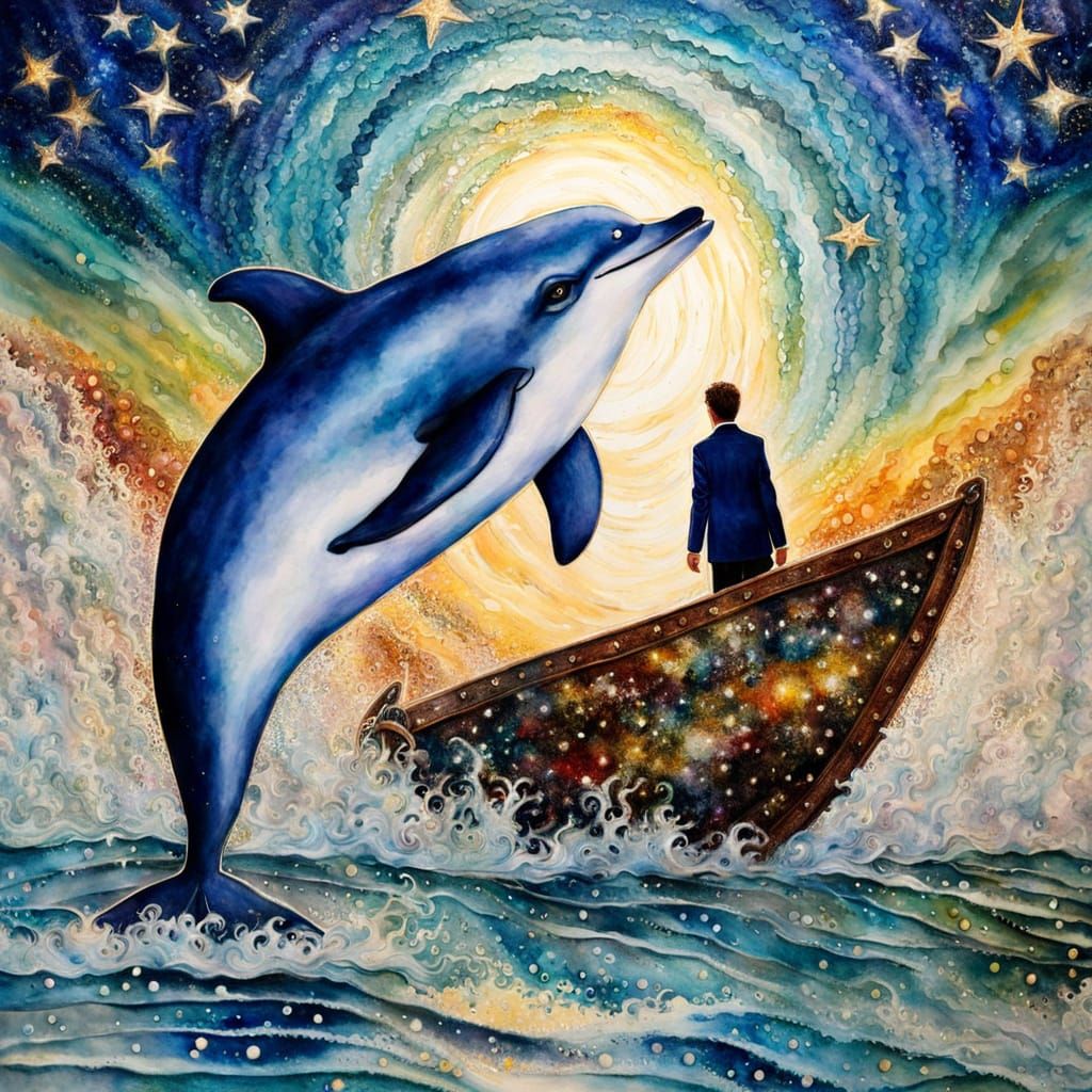 Man and Dolphin Face to Face, Watercolor Painting