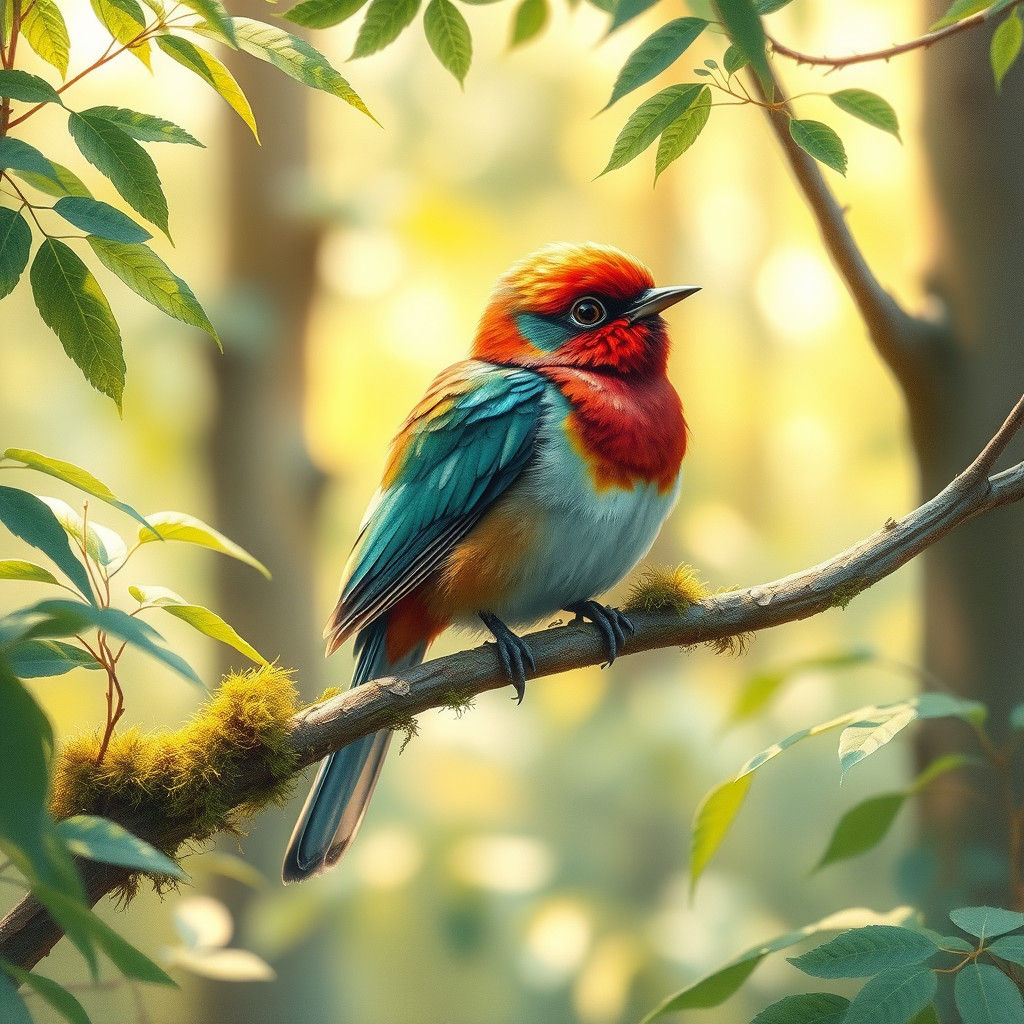 Iridescent Bird on Branch in Dreamlike Forest