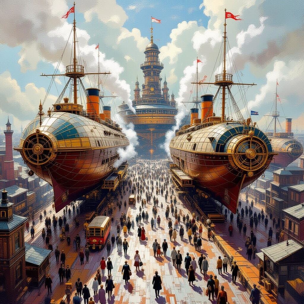 Bustling Steampunk Airship Port in Impressionist Style