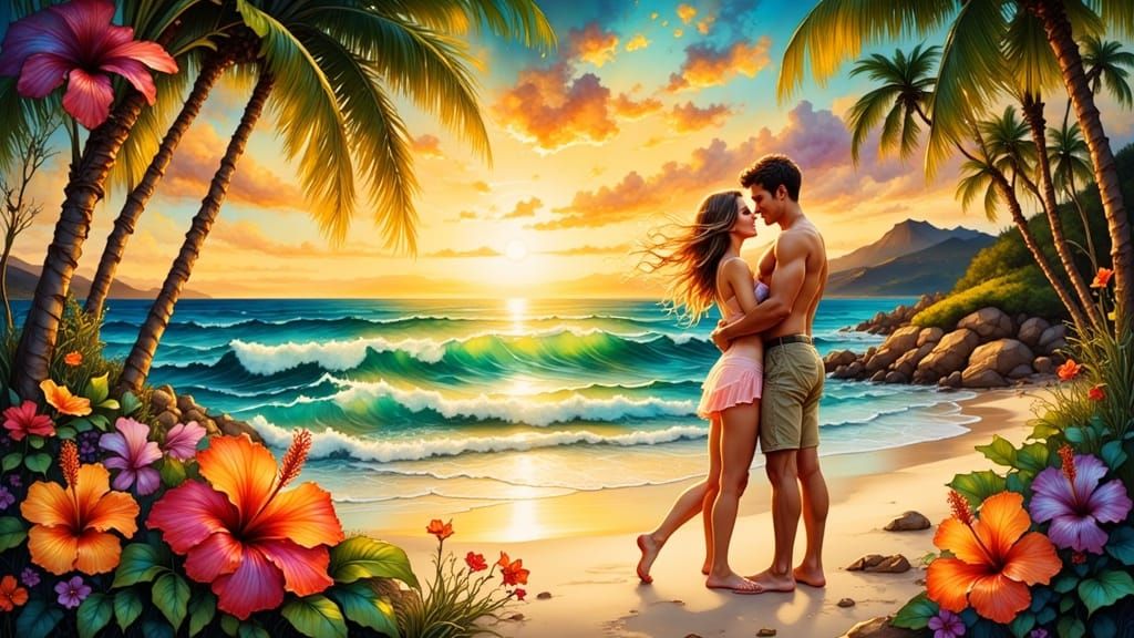 Romantic Sunset Couple in Impressionist Style