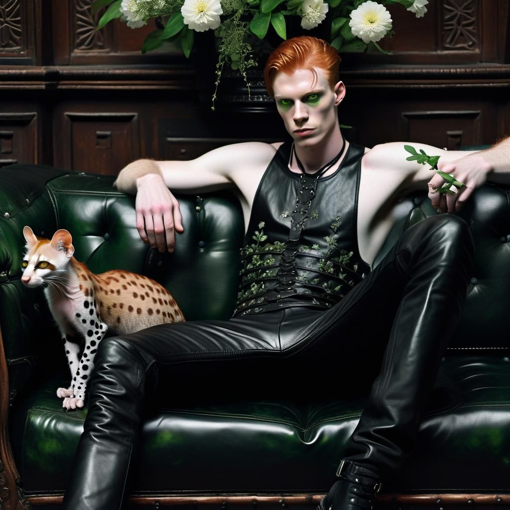 Redhead Man with Genet in Gothic Interior