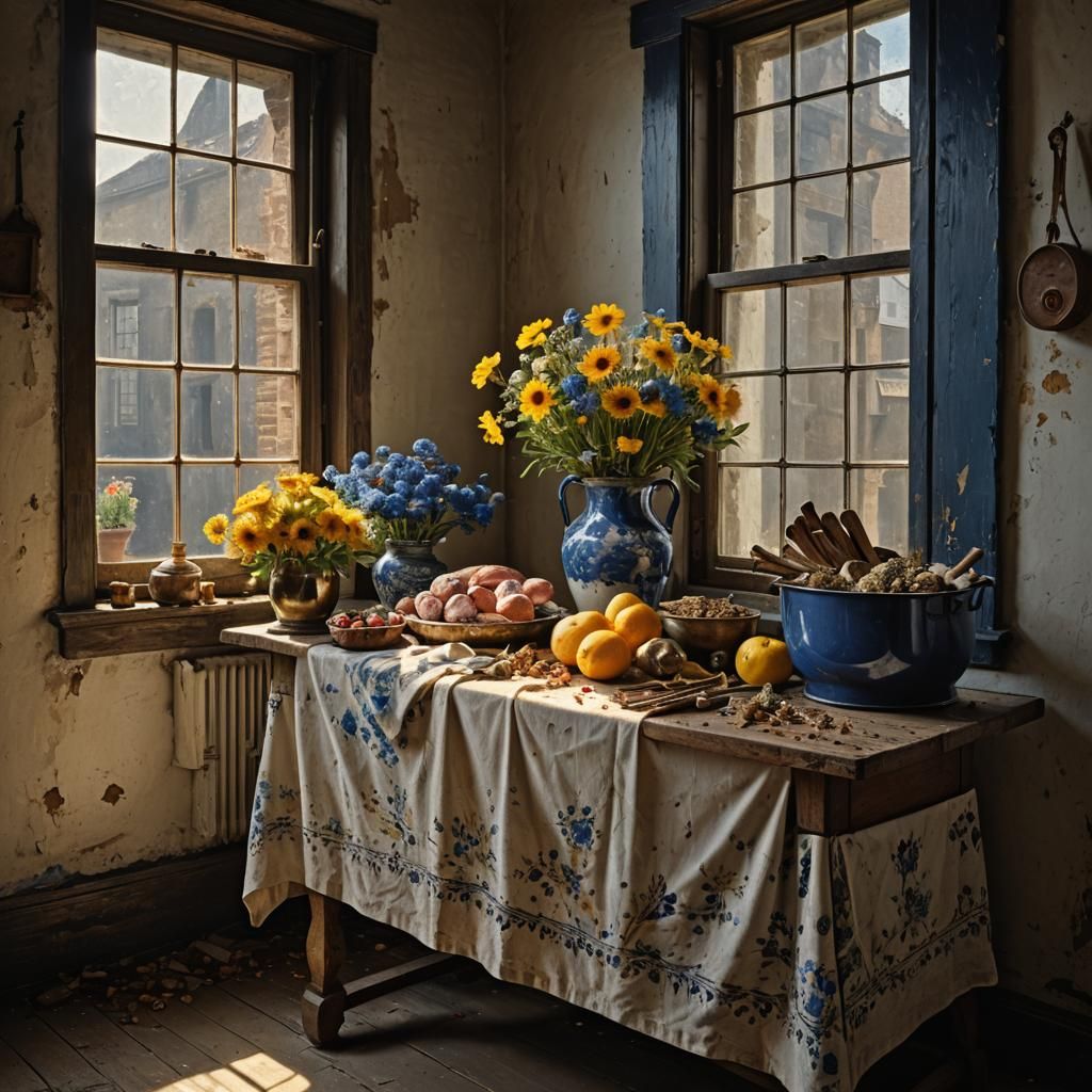 Golden and Delft Blue Flowers by Window, Hyperrealist Painti...