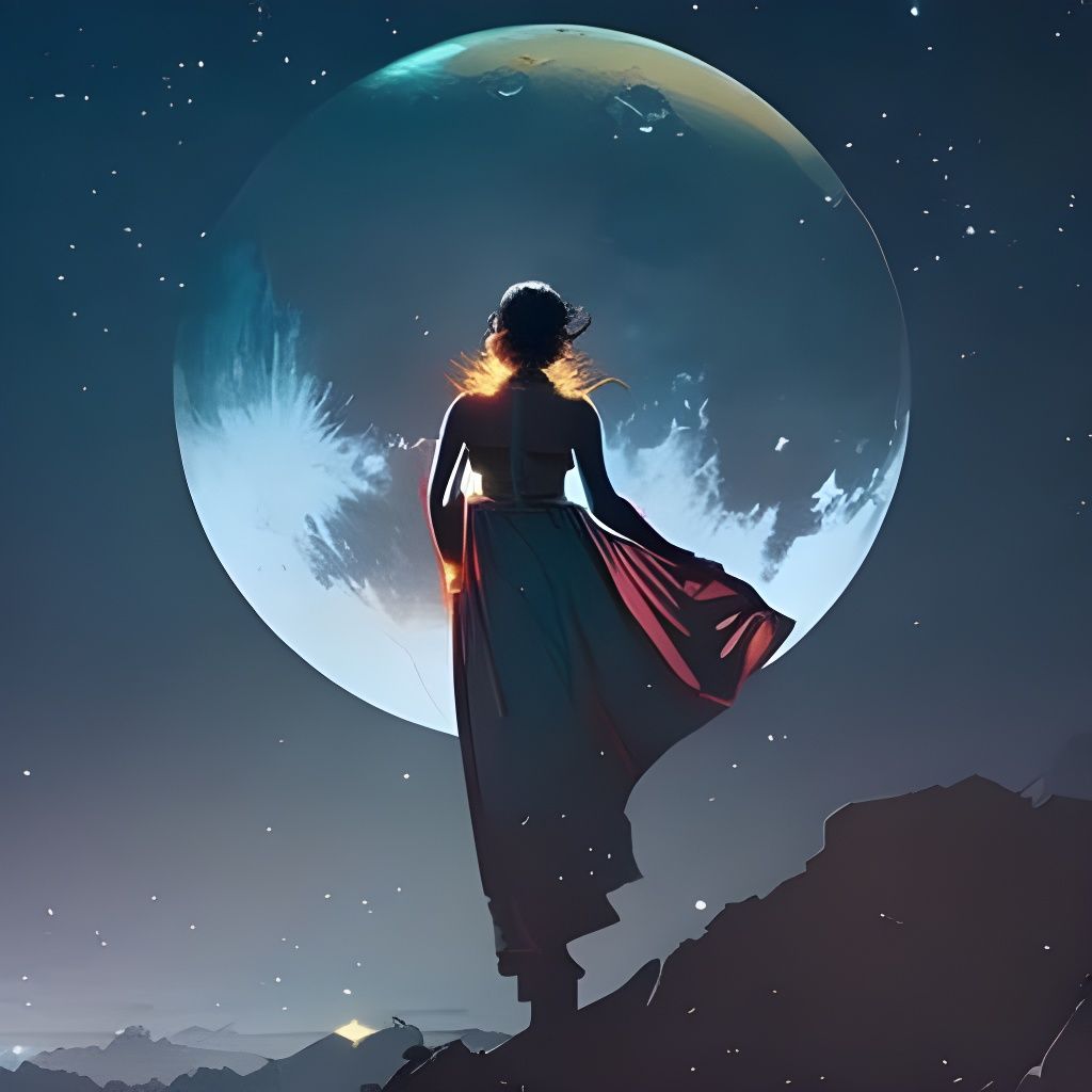 Woman Gazing at Luminous Moon in Starry Night