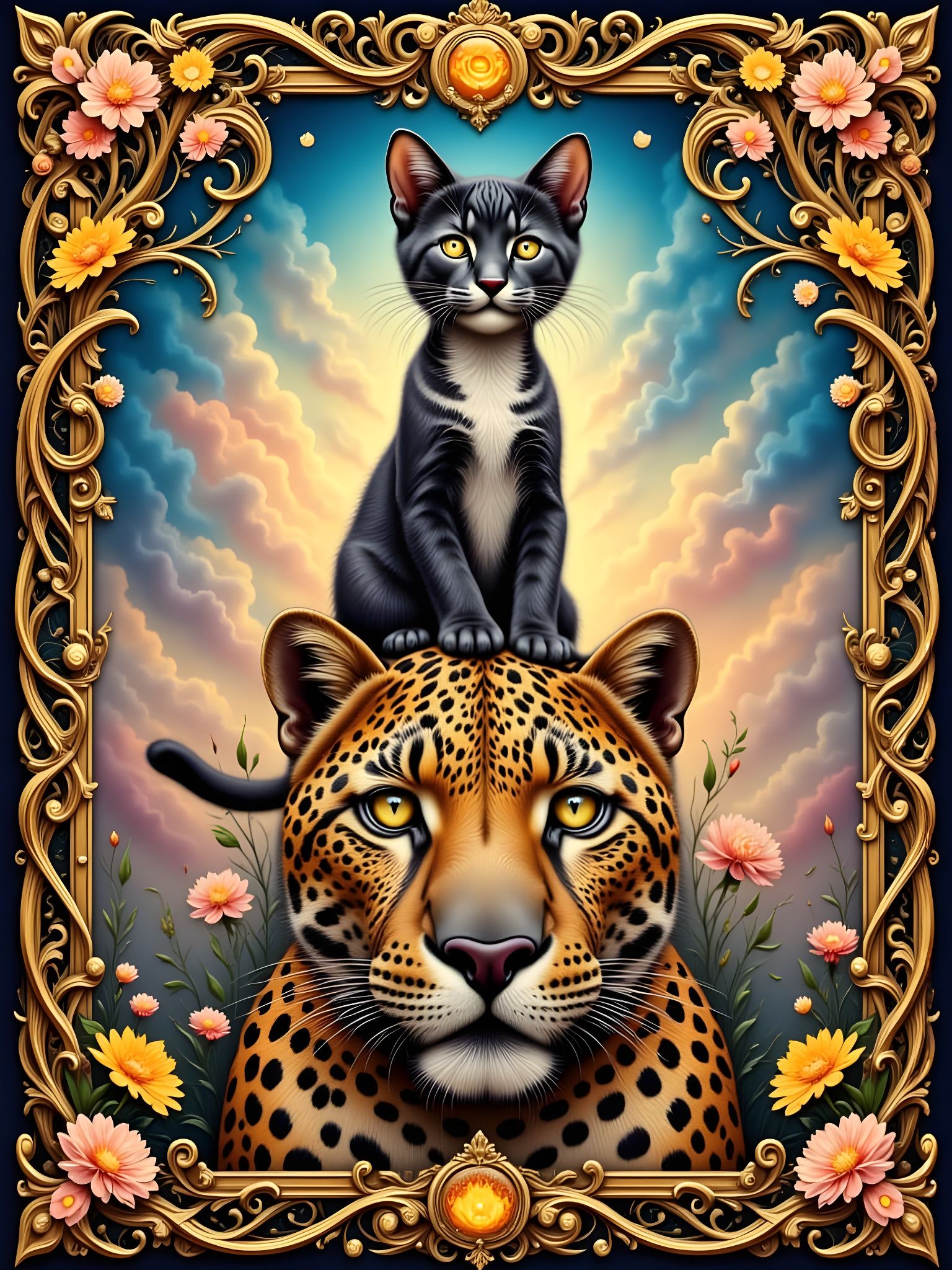 Cat Sits Atop Leopard, Bathed in Golden Twilight