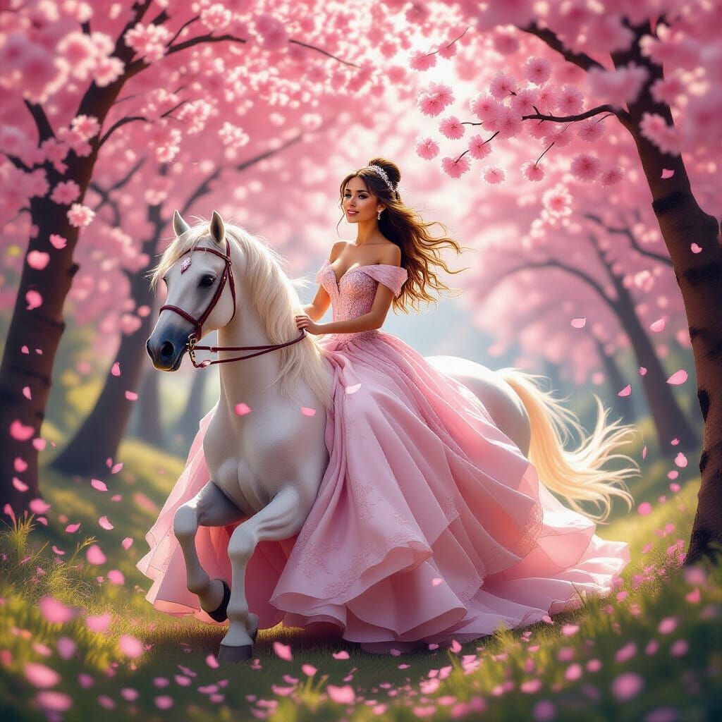 Ariana Grande on Pink Horse in Cherry Blossom Forest
