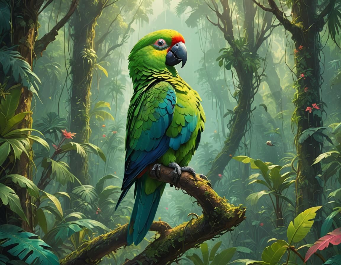 Green Parrot in Hawaiian Jungle: Digital Illustration