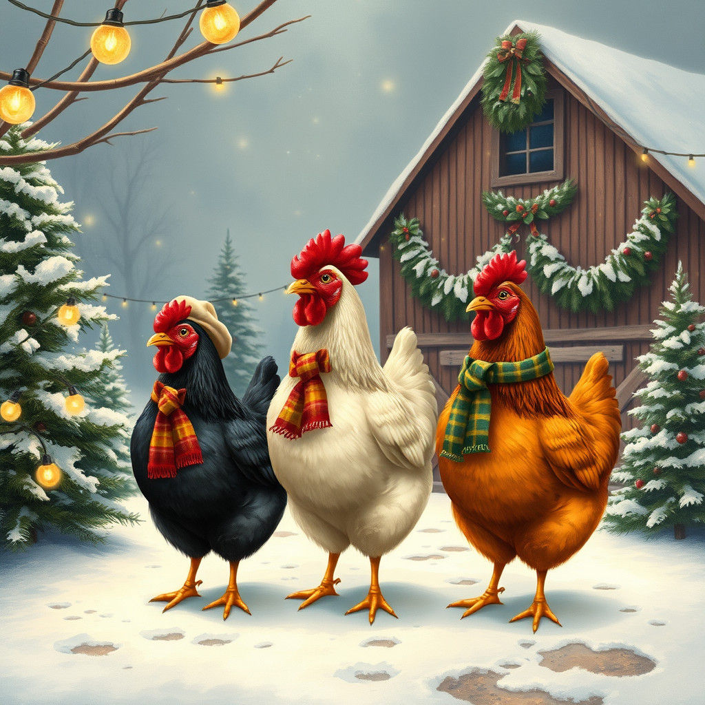 Festive French Hens in Winter Wonderland, Folk-Art Style