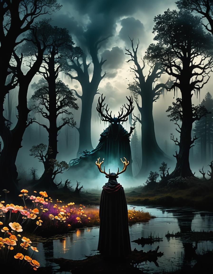 Antlered Figure in Mysterious Forest, Detailed Matte Paintin...