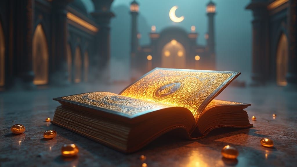 Mystical Quran Illuminates Dreamlike Mosque in Fantasy Art