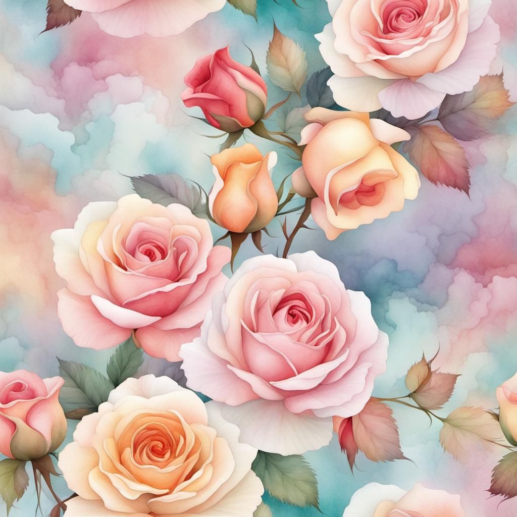 Watercolor Roses with Marbled Background in Soft Colors