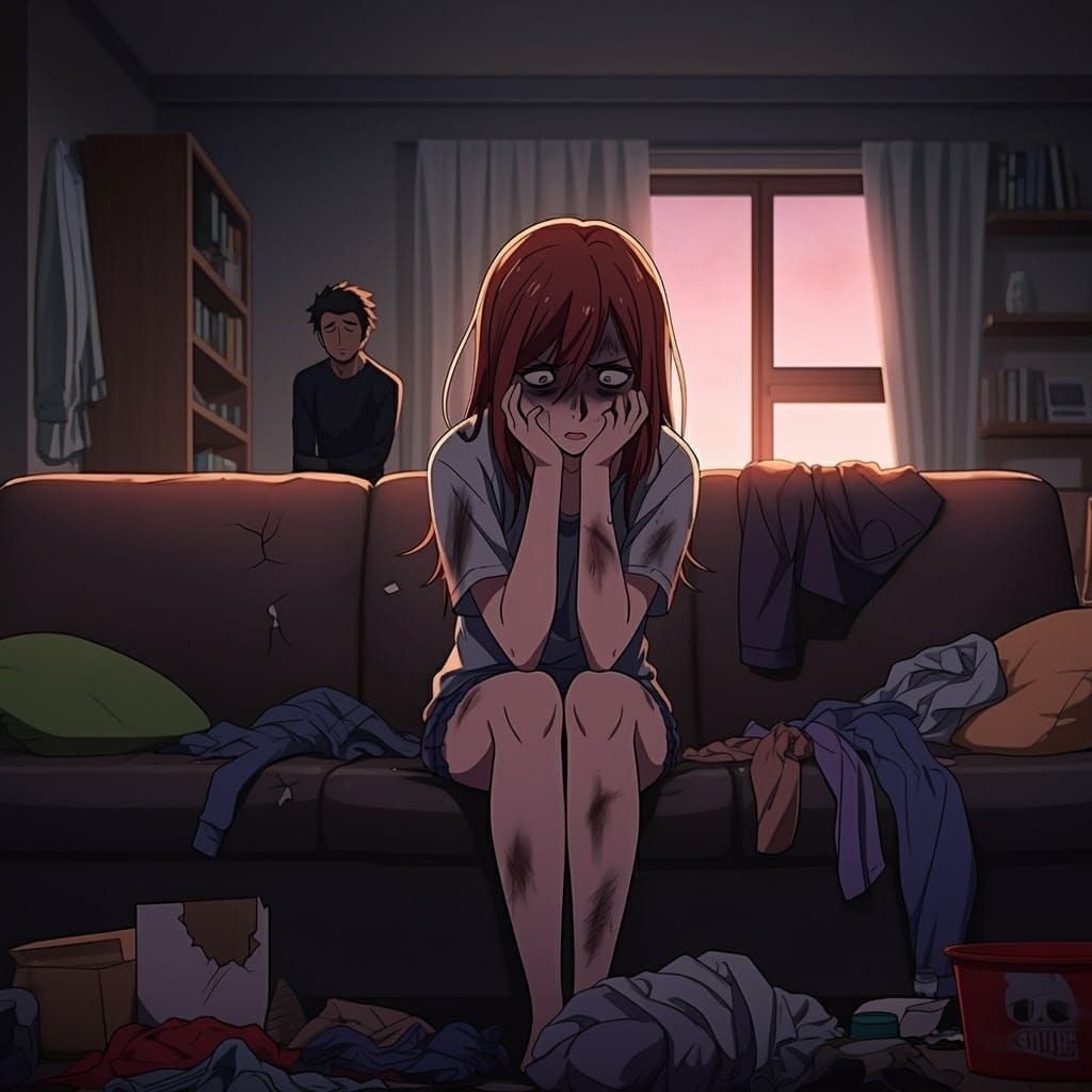 Frustrated Woman in Chaotic Living Room: Anime Style
