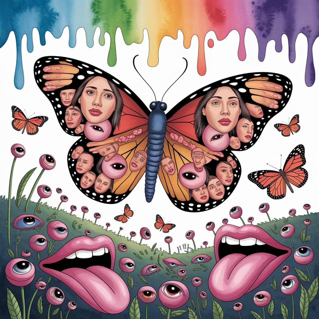 Surreal Butterflies in Watercolor Landscape