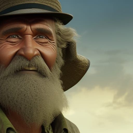 old smiling farmer with hat, portrait, epic cinematic brilliant stunning intricate meticulously detailed dramatic atmosp...