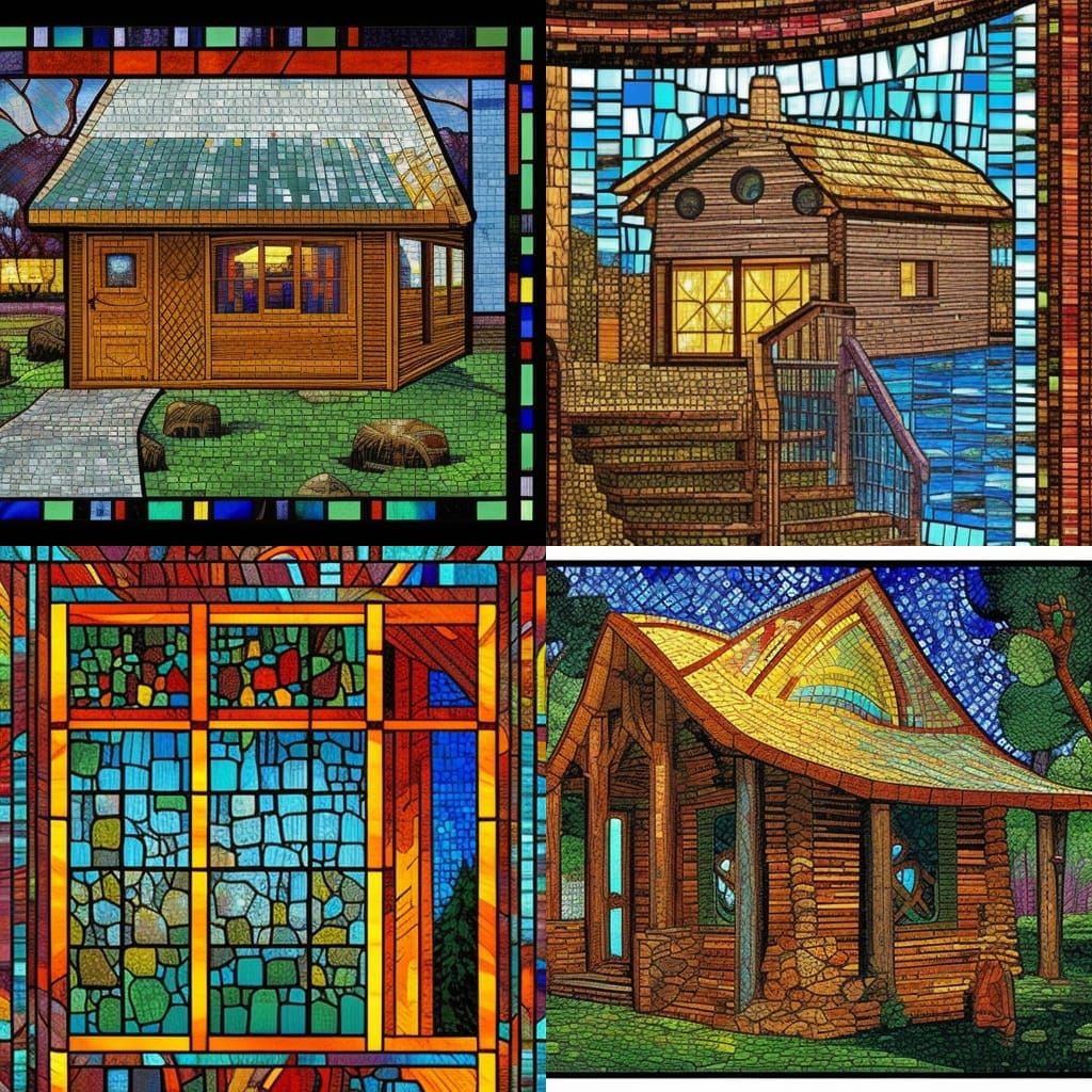 Mosaic Stained-Glass Log Cabin