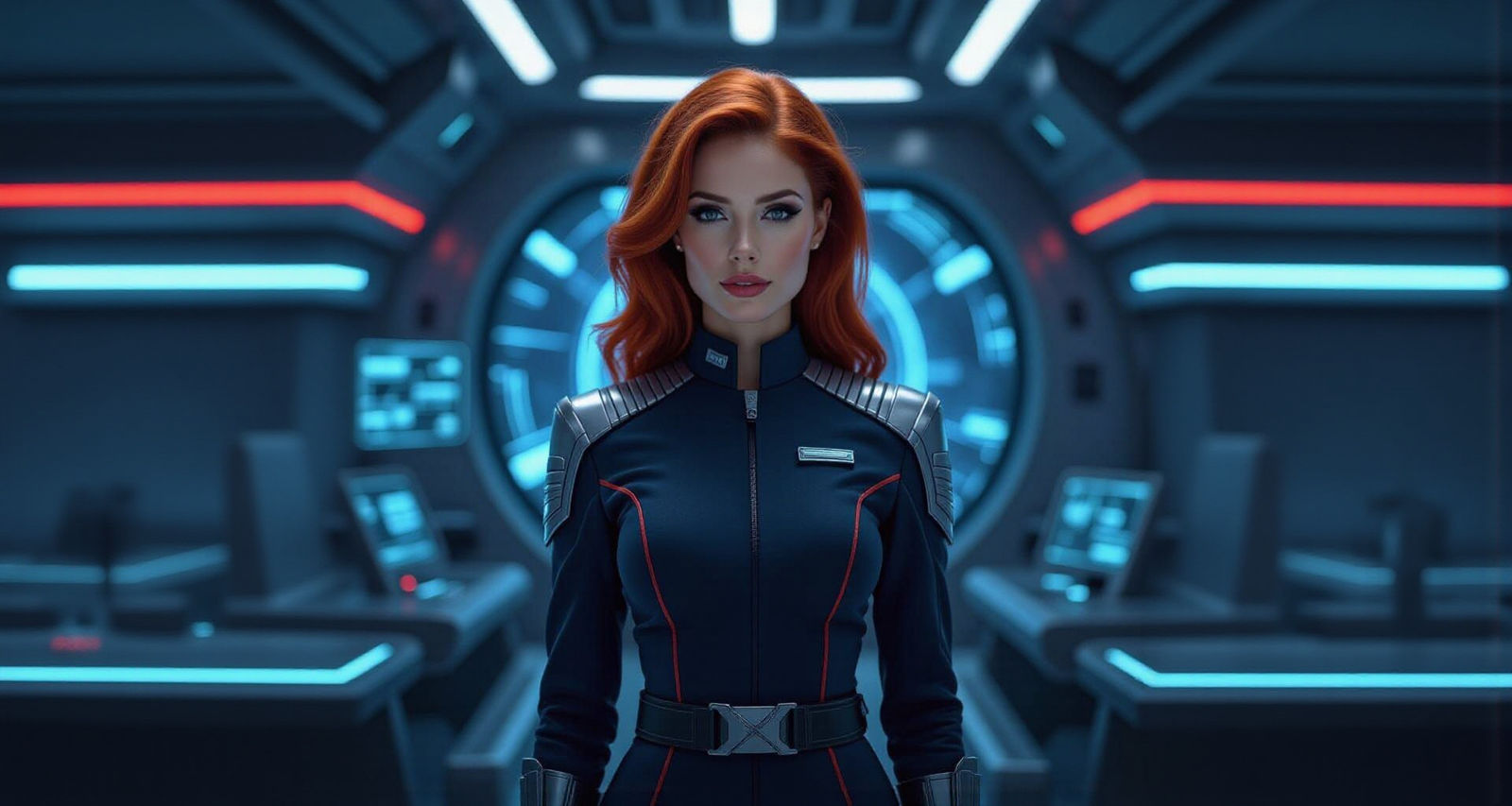 Futuristic Space Commander Woman in Spaceship Cockpit