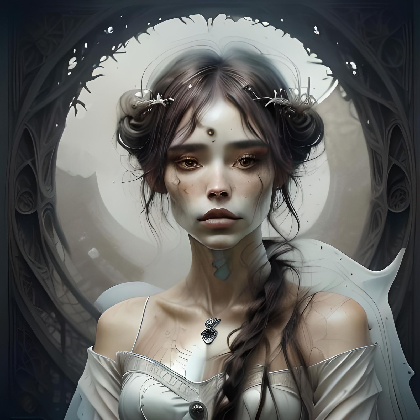 Ethereal Woman with Antlers in Opulent Hall