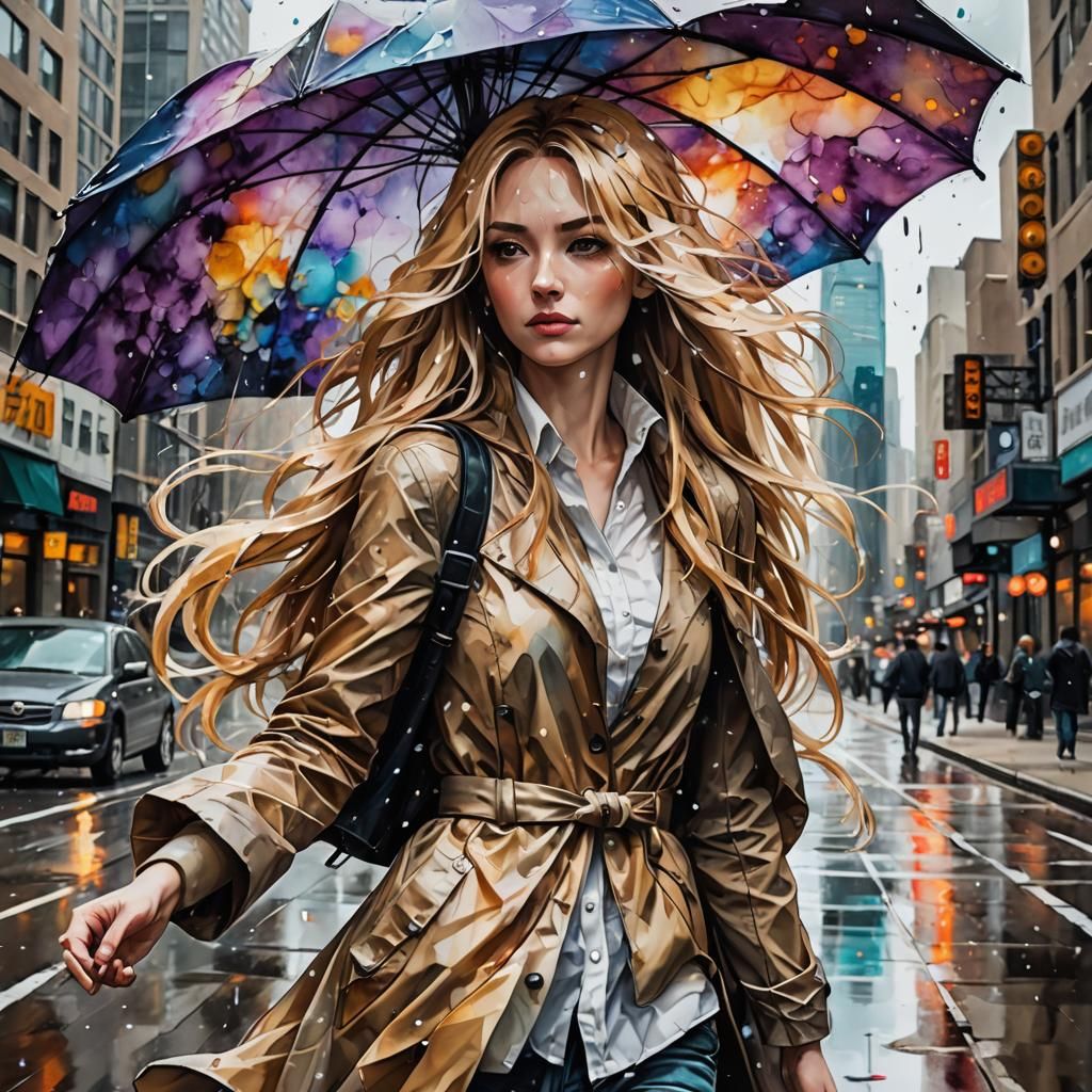 Anime Girl Fights Wind in Alcohol Ink