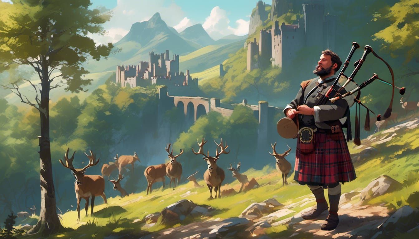 Scottish Bagpiper Playing for Deer Near Castle