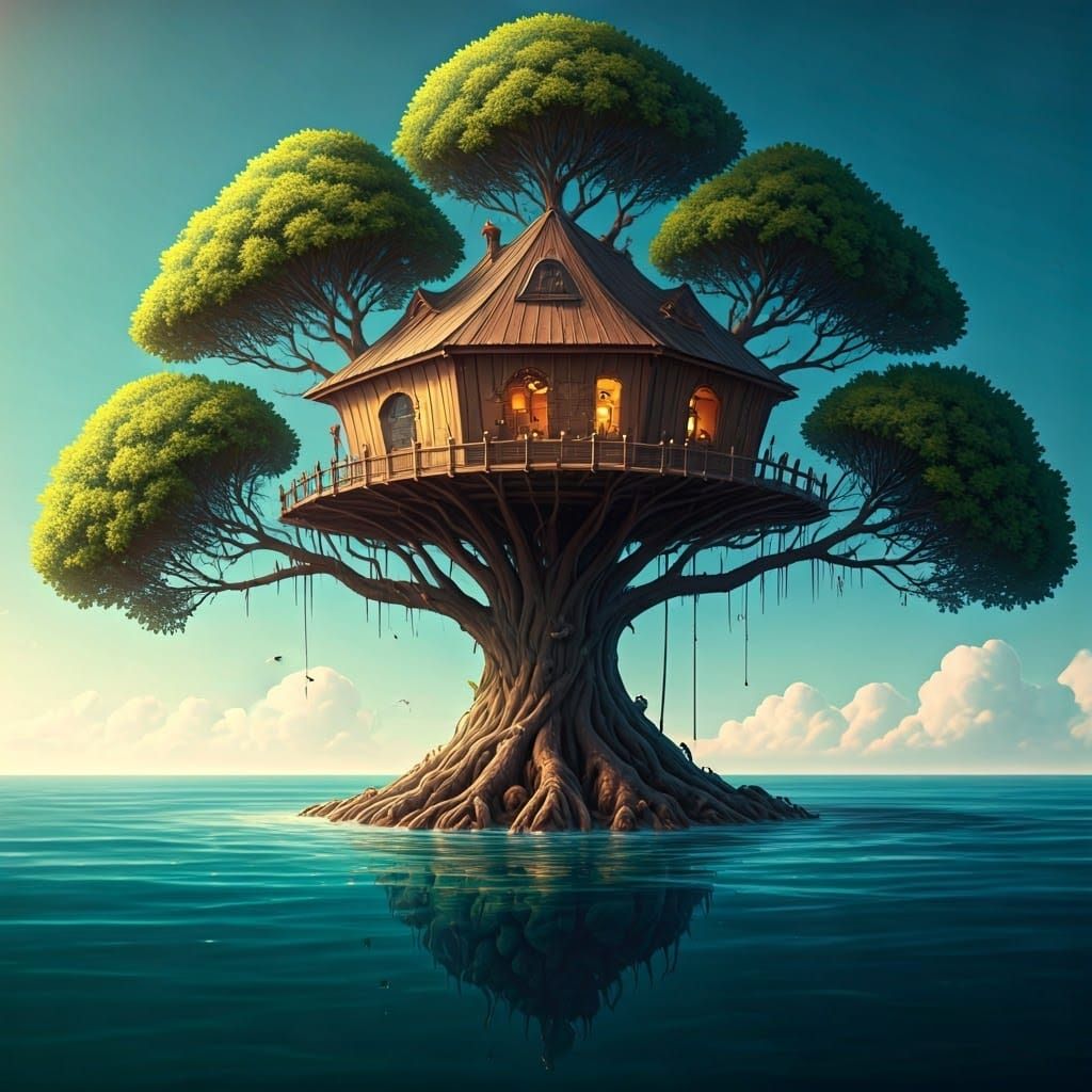 Tree Adrift on a Serene Oceanic Horizon