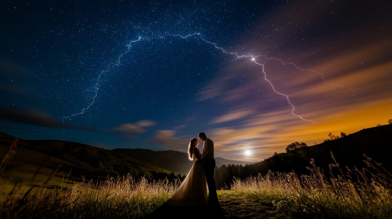 Celestial Figure Eight Over Lovers in a Serene Meadow
