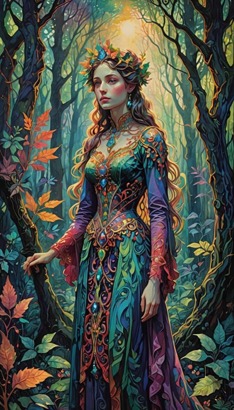 Ethereal Goddess in Fauvist Forest: Dreamlike Beauty in Vibr...