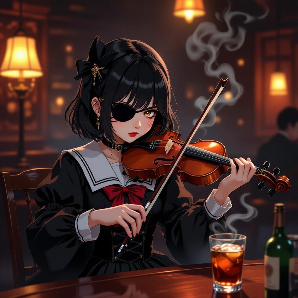 Japanese Girl Plays Violin in Smoky Jazz Bar