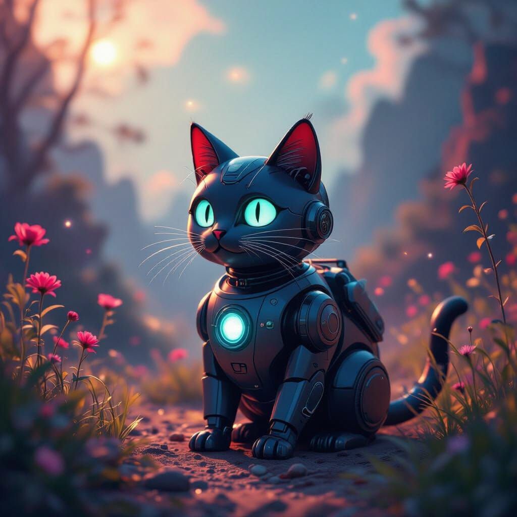 Bioluminescent Robotic Cat Detective in Dreamlike Scene