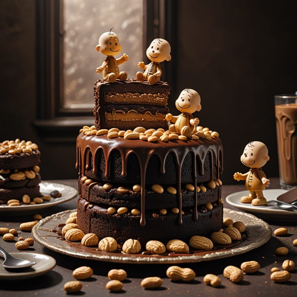 Humanoid Peanuts on Oozing Chocolate Peanut Butter Cake