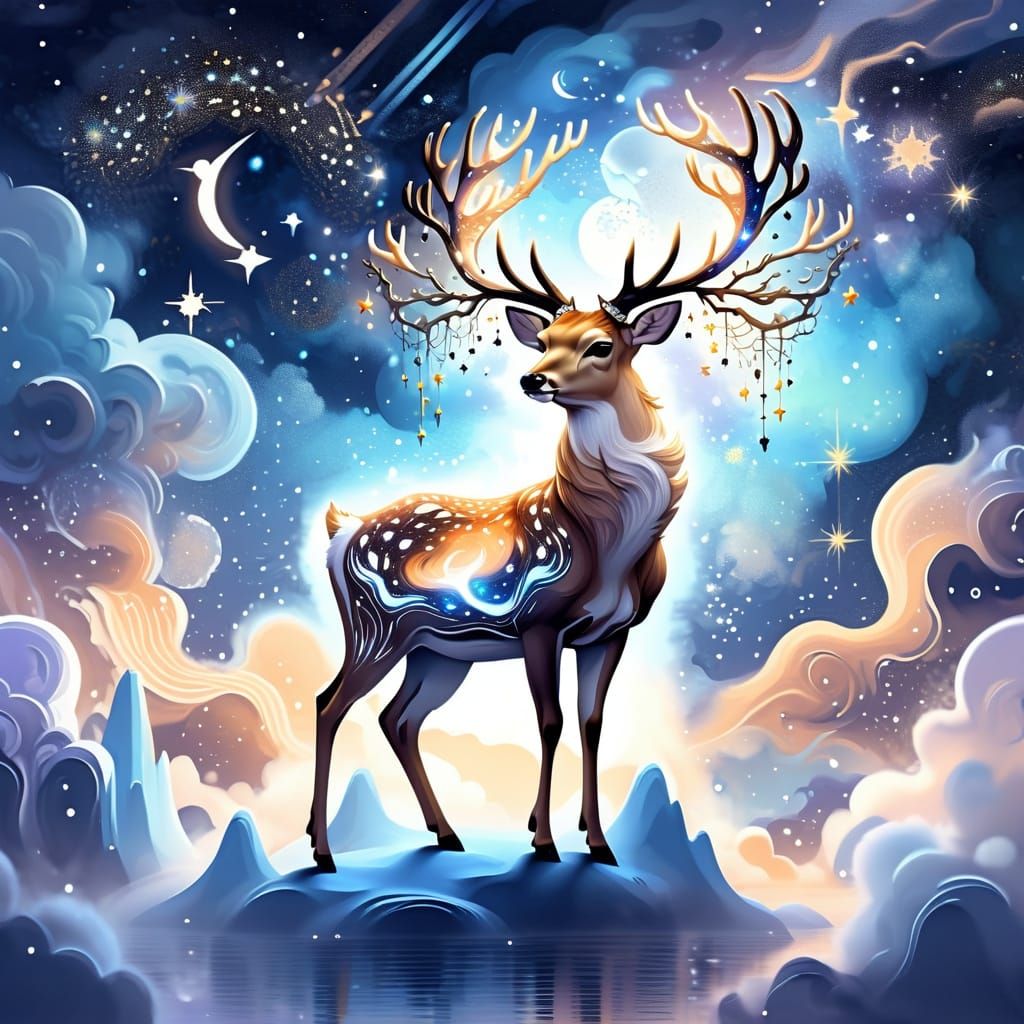 Stardust Deer in Dreamlike Nebula Landscape
