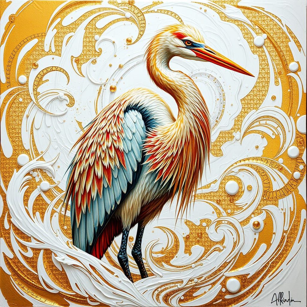 Expressive Heron in Abstract Metallic Landscape